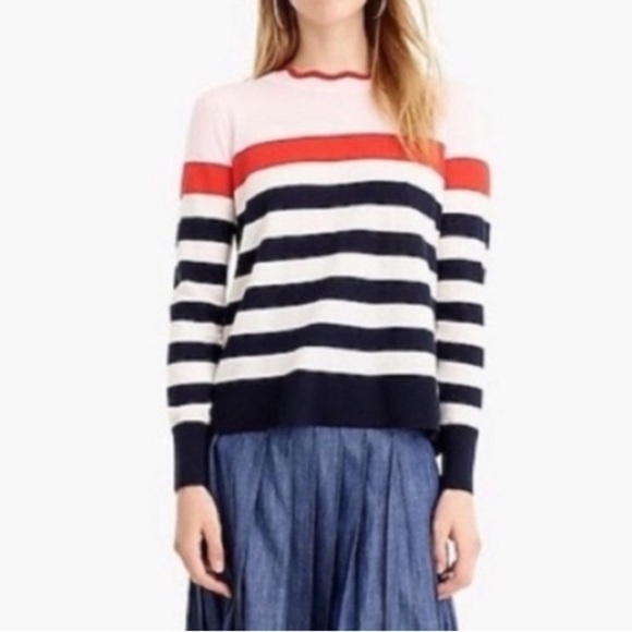 J. Crew Scallop Trimmed Pullover Striped Sweater Wool Blend Nautical NWT Sz XS - Picture 15 of 15